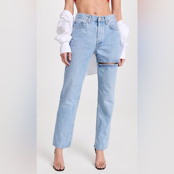 Agolde Denim - AGOLDE Lana Slice Straight Leg Jeans Size 31 Mid Rise Light Blue 90s Revolve